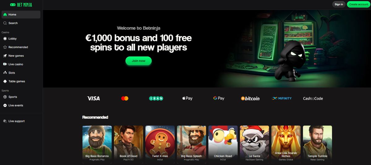 Betninja landingspagina Casino zonder registratie